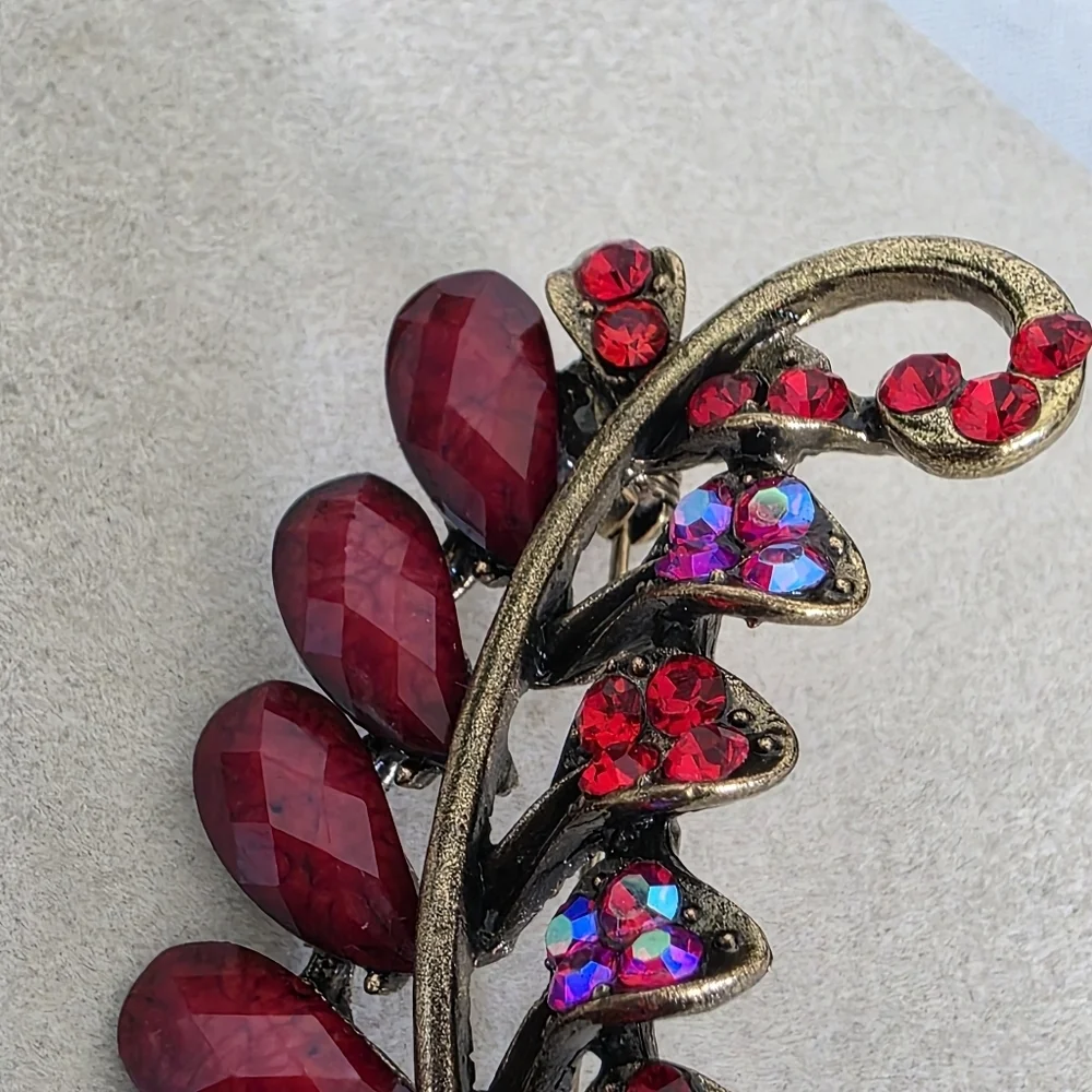 Vintage Antique Gold Red Fern Branch Brooch Pin